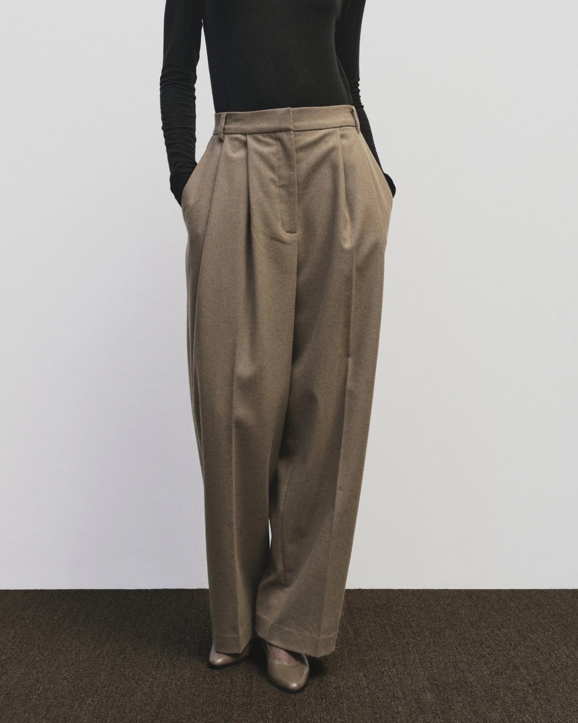 Wool Blend Wide Leg Pants in Camel, from Mijeong Park