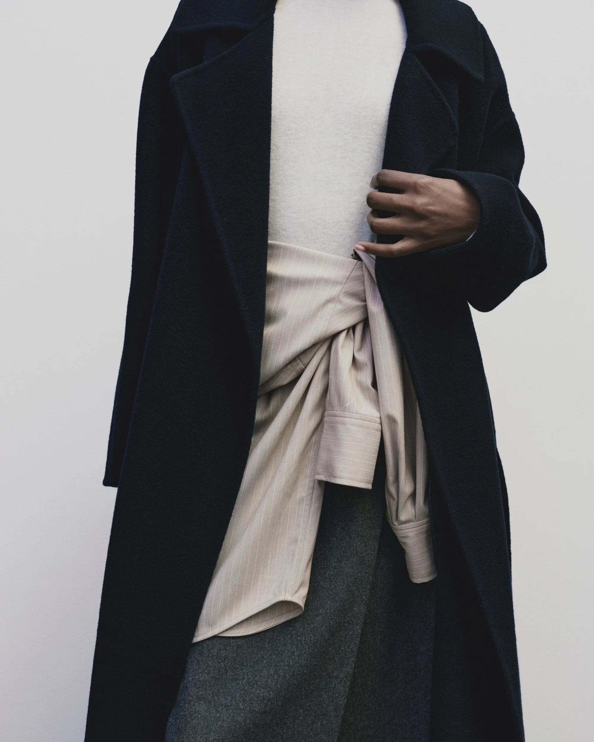 Handmade Belted Wool Coat in Navy, from Mijeong Park
