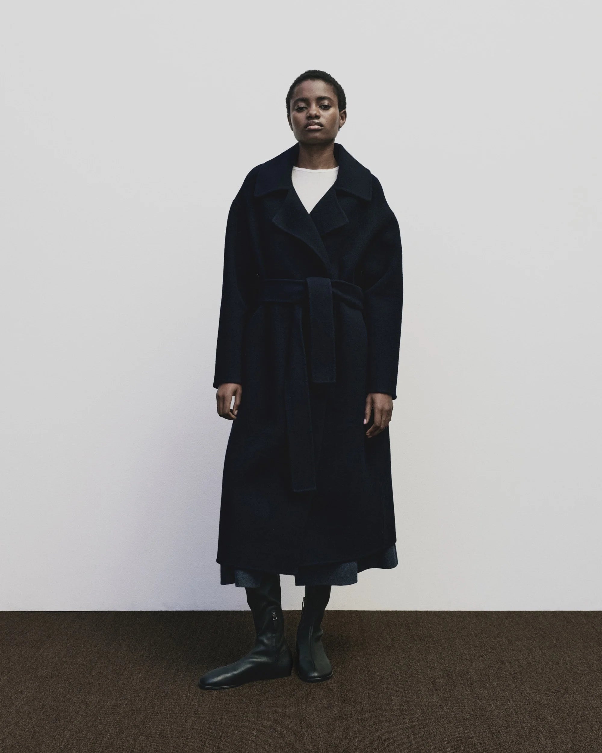 Handmade Belted Wool Coat in Navy, from Mijeong Park