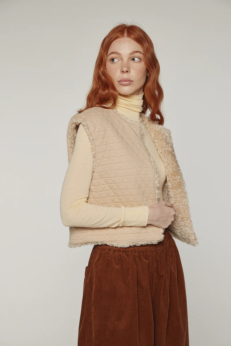 Reversible Fur Short Vest in Oat and Beige, from Amente