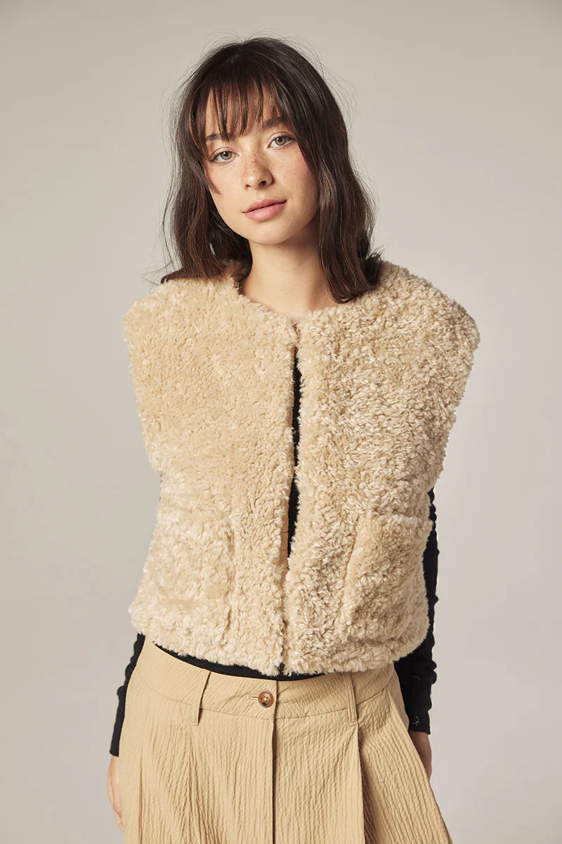 Reversible Fur Short Vest in Oat and Beige, from Amente