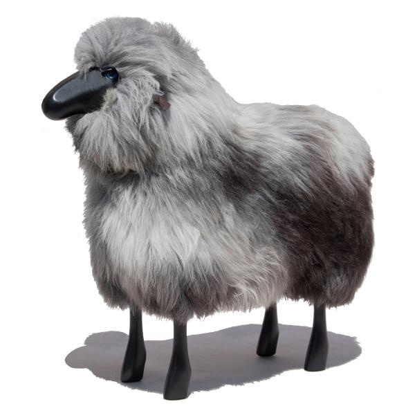Large Sheep Stool in Grey Brown fur and Black Wood