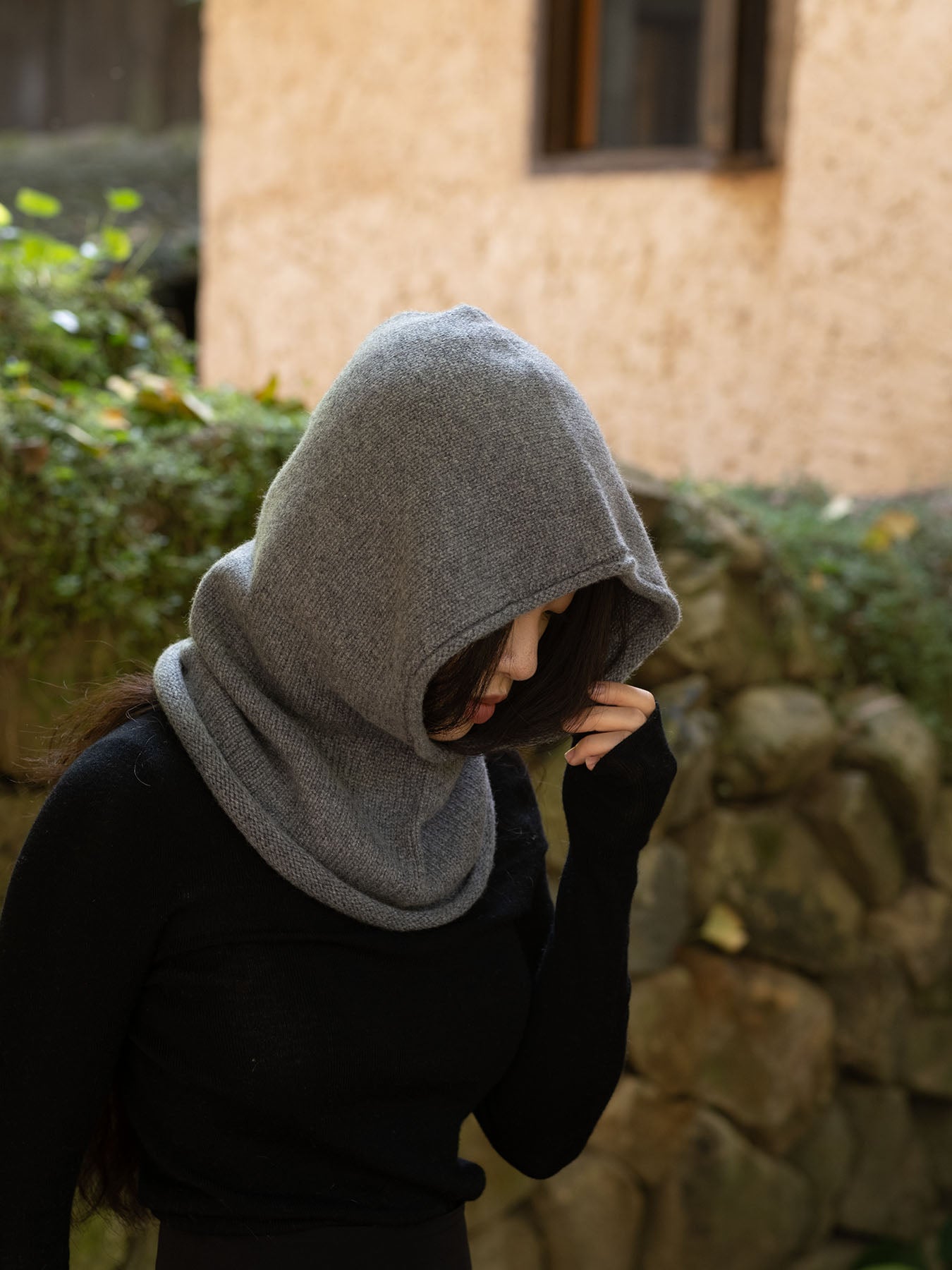 Cashmere Rolled Edge Balaclava in Charcoal Grey, from Oats and rice