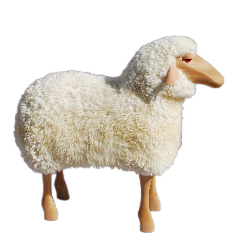 Life Sized Sheep Stool in White Fur and Beech wood