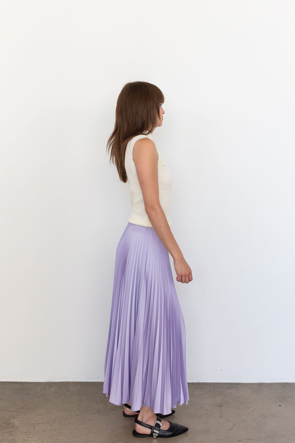 2601 Classic Satin Midi Skirt in Lilac, from Loyd Ford