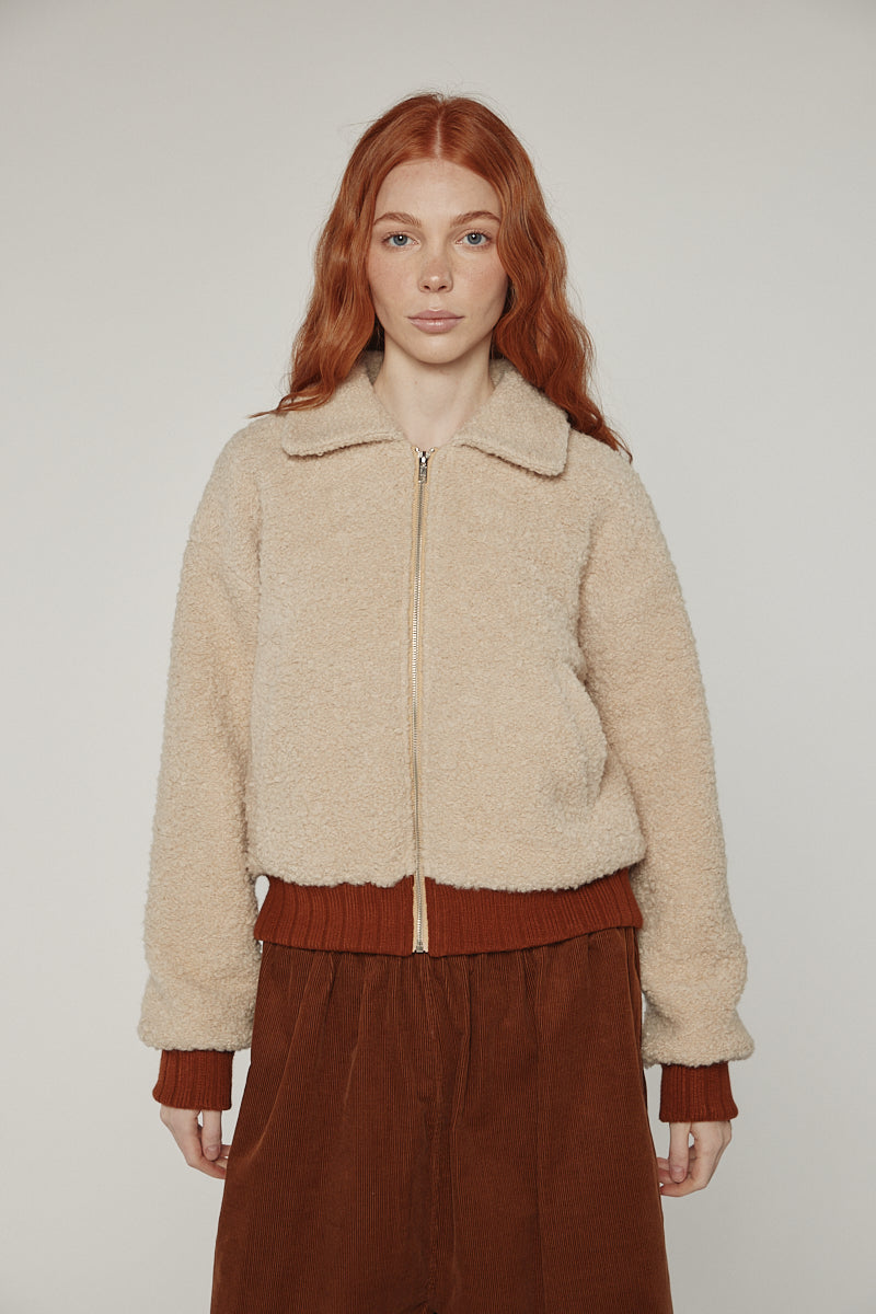 Wool Blend Ribbed Short Bomber Jacket in Oatmeal, from Amente