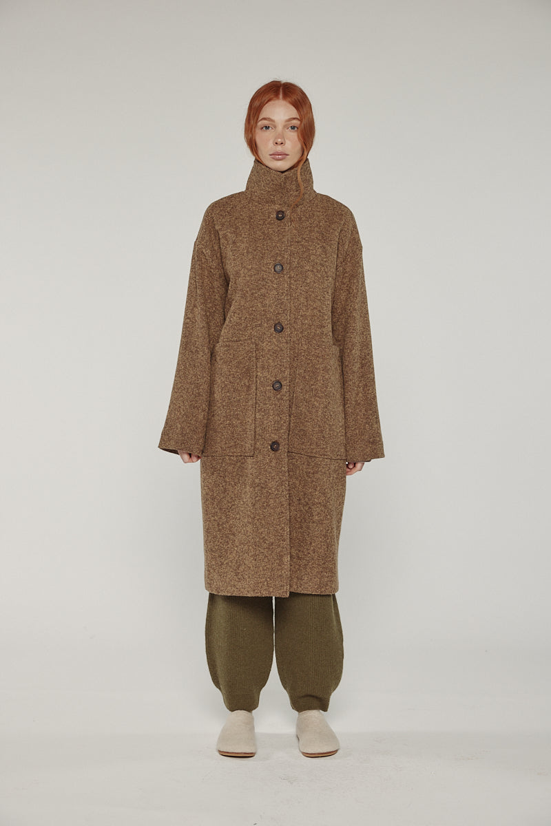 Wool High Neck Maxi Coat in Brown and Khaki, from Amente