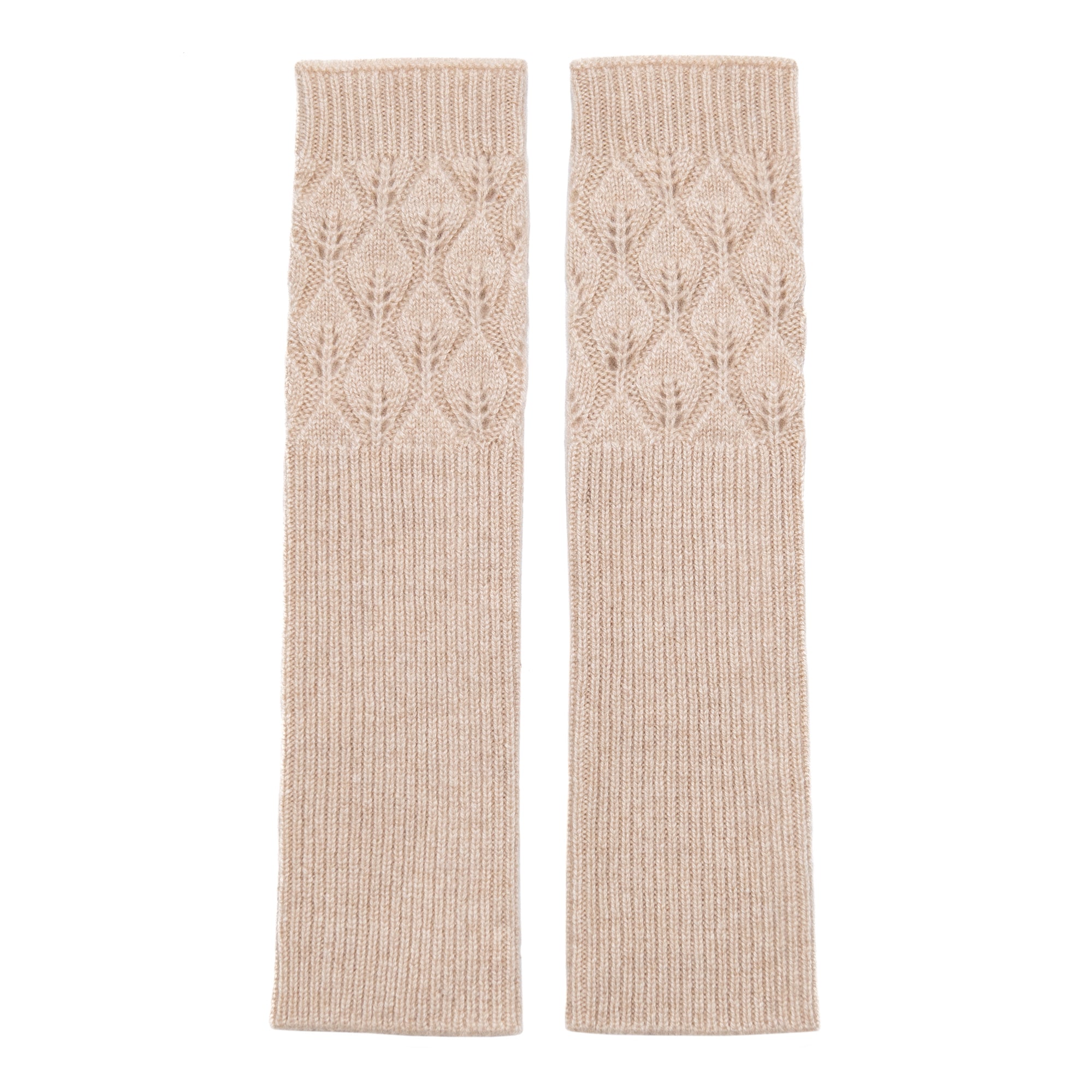 Leaf Knit Cashmere Fingerless Arm Warmer in Oatmeal Beige / Cream, from Oats and Rice