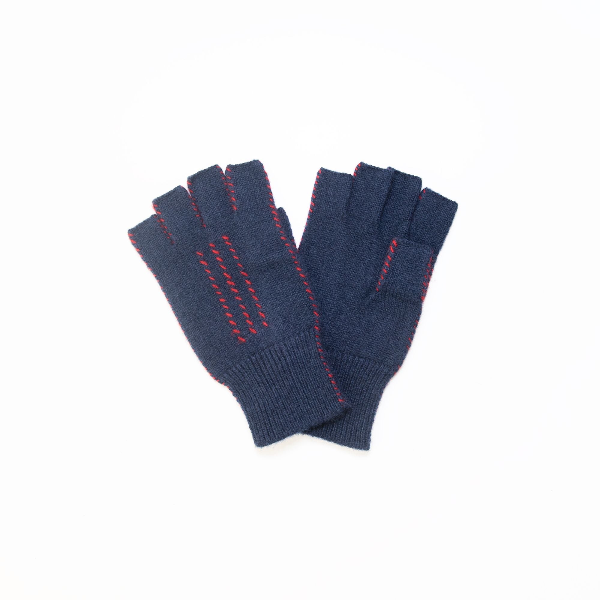 Cashmere Fingerless Stitch Gloves in Navy and Red, from Meg Cohen